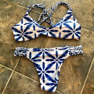 Blue and white bikini